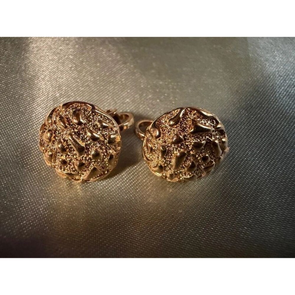 Vtg. 1970s Molten Gold Nugget Clip-On Earrings, Textured Statement Button